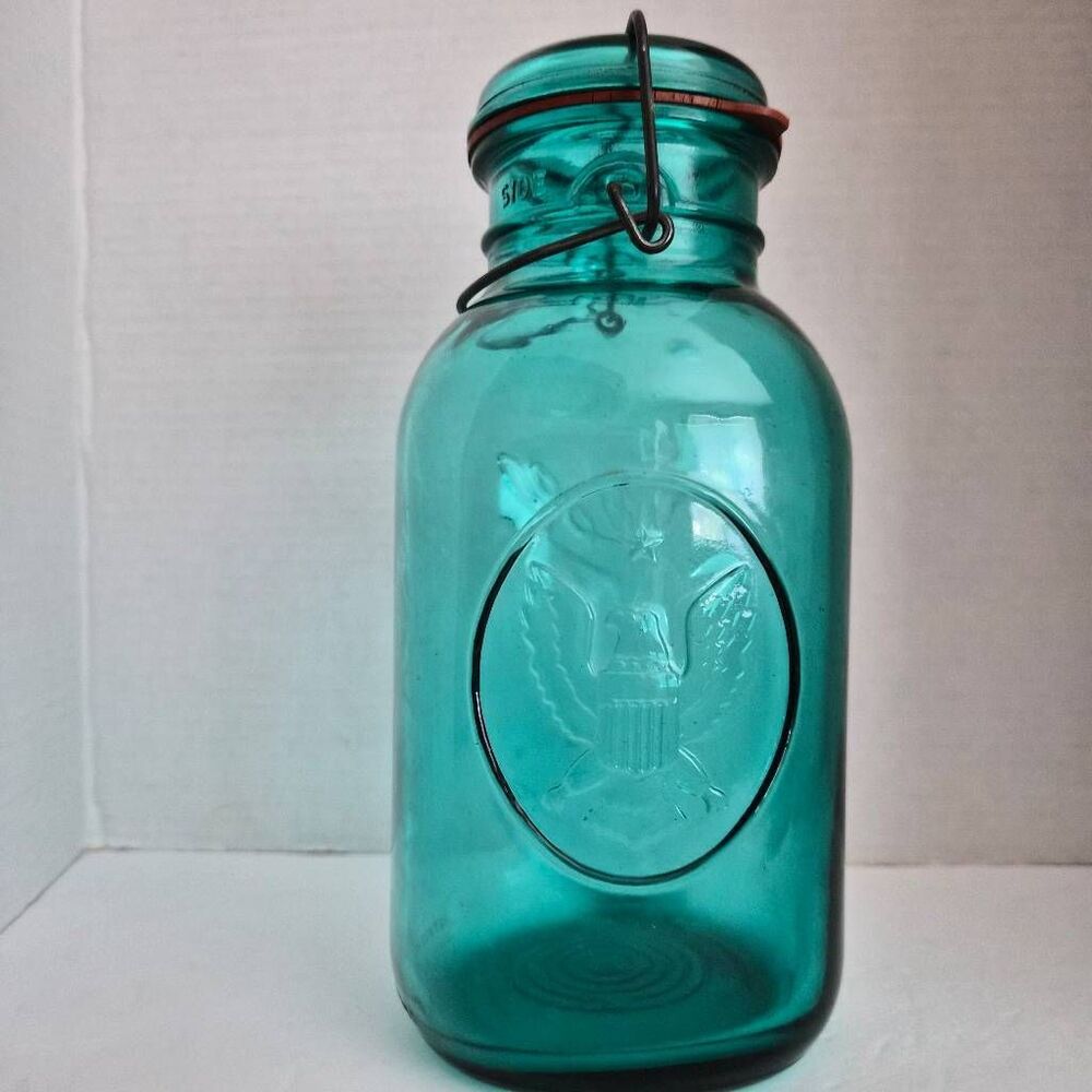 Vintage Ball Ideal Aqua Blue Mason Jar w/ Bicentennial Eagle & Wire Side Closure - Picture 3 of 6